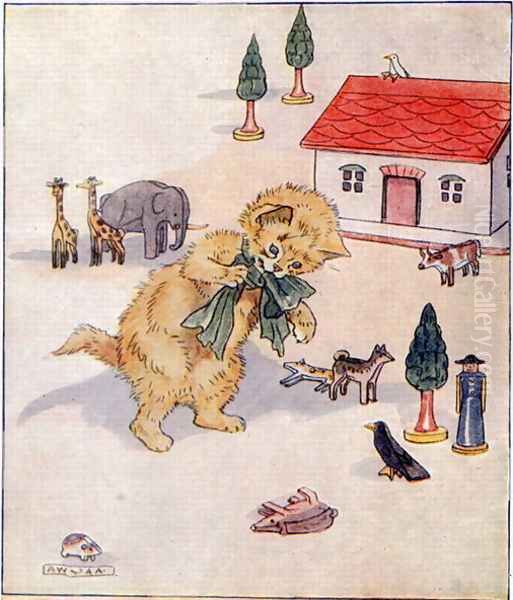 Glad Christmas Day is very near..., illustration from 'Cuddly Kitty and Busy Bunny', by Clara G. Dennis, published by Thomas Nelson and Sons, Ltd., 1926 Oil Painting by Alan Wright