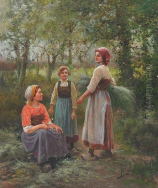 Young Harvesters Resting In The Fields Oil Painting by Jose Maria Jardines