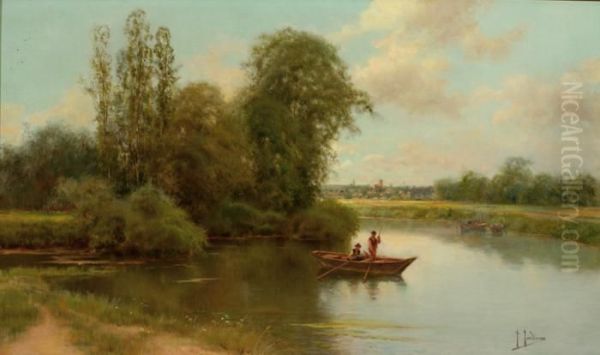 A Fishing Boat On The Water Near The Edge Of A Town Oil Painting by Jose Maria Jardines