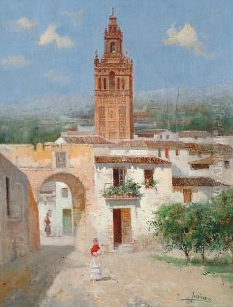 Figure Before A Spanish Town Oil Painting by Jose Maria Jardines