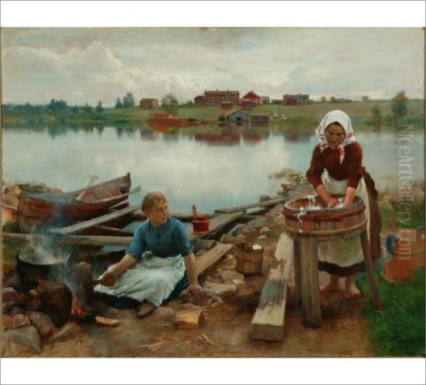 Washerwomen By The Lakeside Oil Painting by Eero Jarnefelt