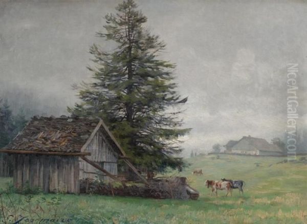 Landschaft Mit Landhausern Und Kuhen Oil Painting by Edouard Jeanmaire