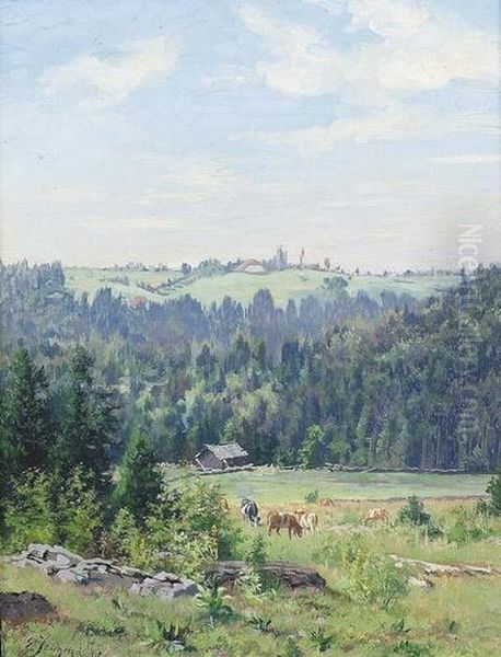 Sommerliche Alp Mit Weidenden Kuhen. Oil Painting by Edouard Jeanmaire