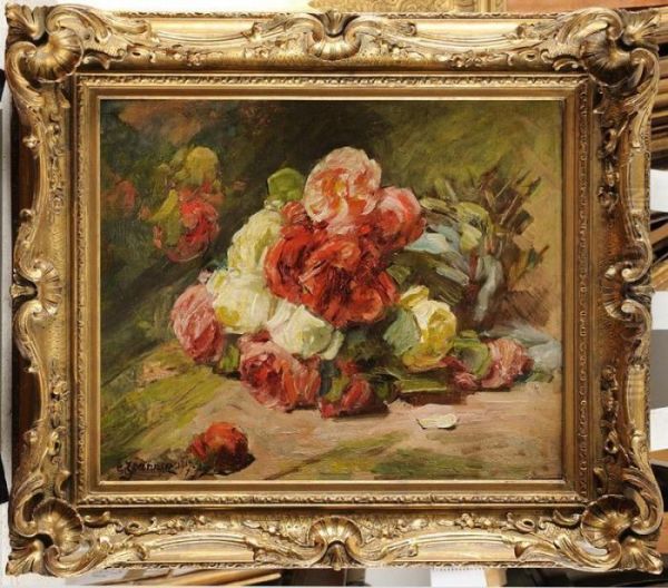 Bouquet De Roses Dans Un Vase Oil Painting by Georges Jeannin