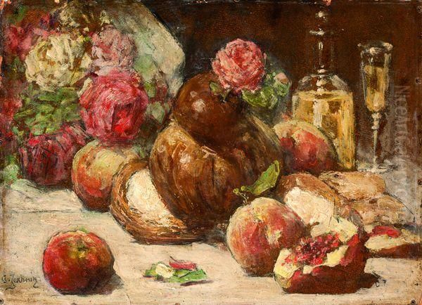 Nature Morte Aux Fleurs Et A La Brioche Oil Painting by Georges Jeannin