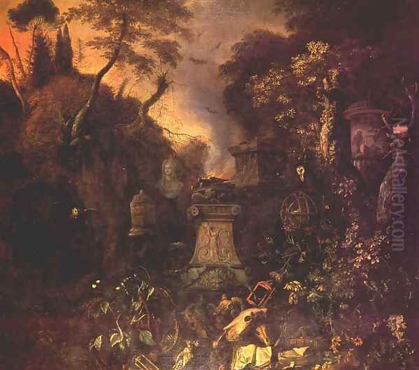 Landscape with a Graveyard by Night Oil Painting by Mathias Withoos