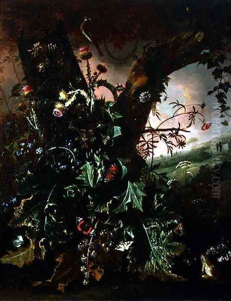 Still Life with Thistles and Butterflies Oil Painting by Mathias Withoos