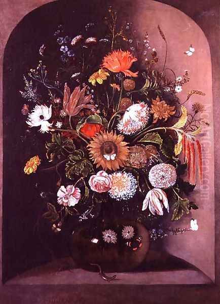 Mixed Flowers in a Glass Bowl in a Niche with a Lizard and a Mouse Oil Painting by Mathias Withoos