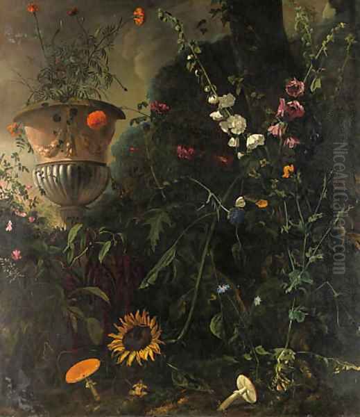 Hollyhocks, Roses, a Blue-lace Flower, a Sunflower and Toadstools, with Marigolds in an Urn by a Tree Oil Painting by Mathias Withoos