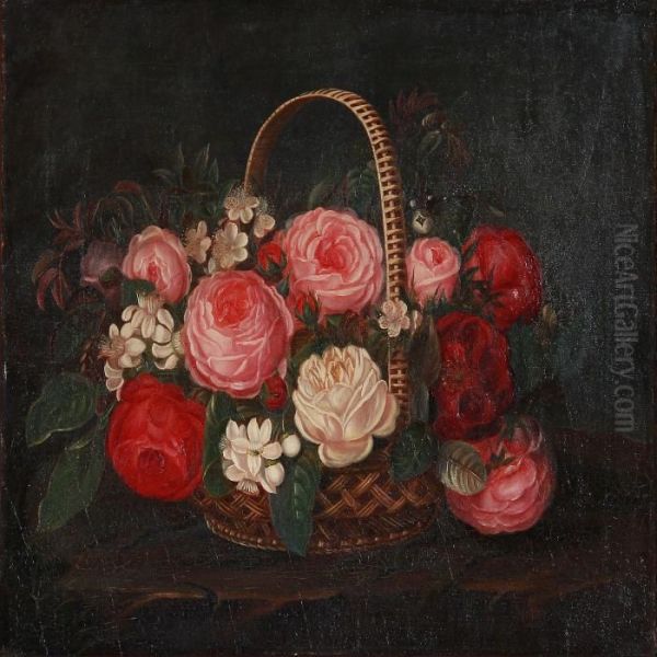 Still Life With Roses In A Basket Oil Painting by I.L. Jensen