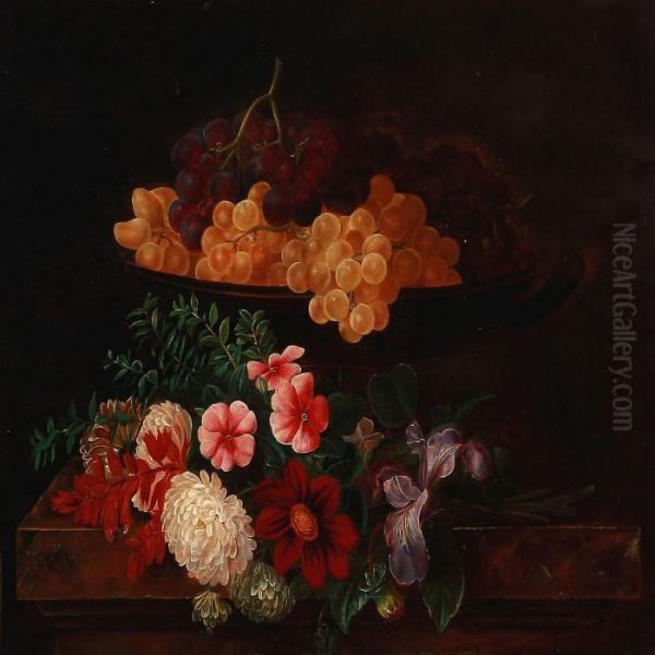 Still Life With Flowers And Grapes On A Sill Oil Painting by I.L. Jensen