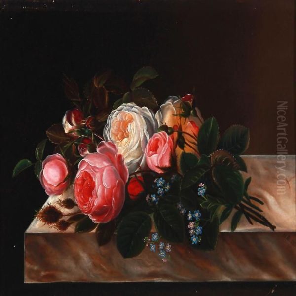 Still Life With Roses And Forget-me-not On A Sill Oil Painting by I.L. Jensen