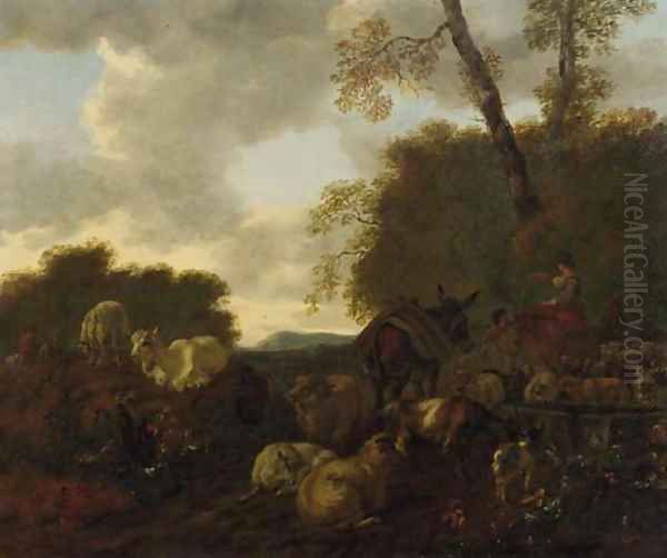 Shepherds and their flock by a well in an Italianate landscape Oil Painting by Mathias Withoos