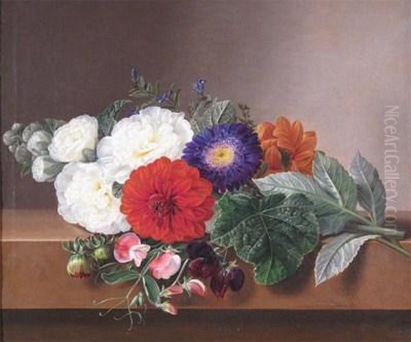 Still Life Of Dahlias And Sweet Peas Oil Painting by Johan Laurentz Jensen