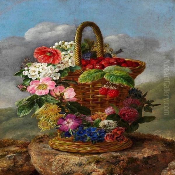 Strawberries In A Tall Basket Decorated With A Colourful Wreath Oil Painting by Johan Laurentz Jensen