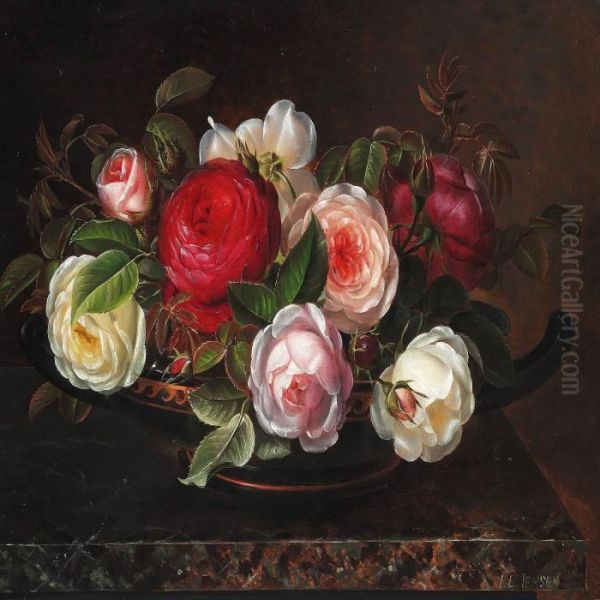 Various Roses In A Greek Bowl Oil Painting by Johan Laurentz Jensen