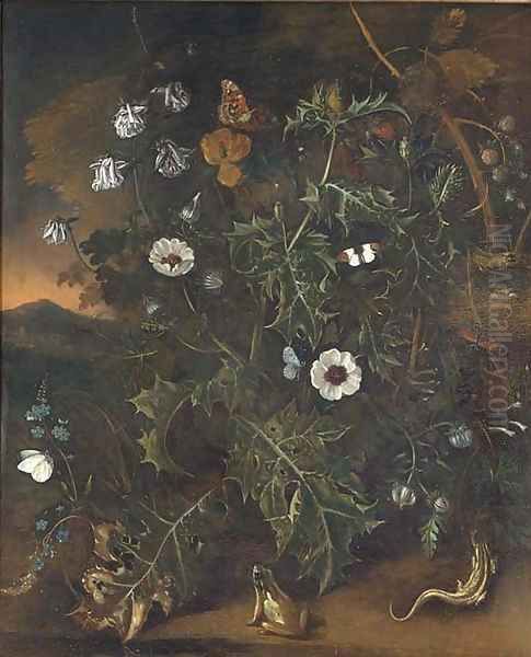 Thistles, brambles, poppies and other plants, with a bird's nest, a frog, a lizzard and butterflies, a mountainous sunset landscape beyond Oil Painting by Mathias Withoos