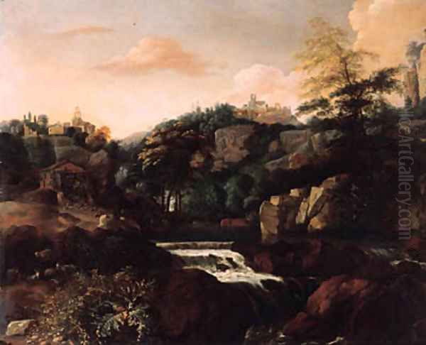 Goats and sheep by a waterfall beneath a village in an Italianate landscape Oil Painting by Mathias Withoos