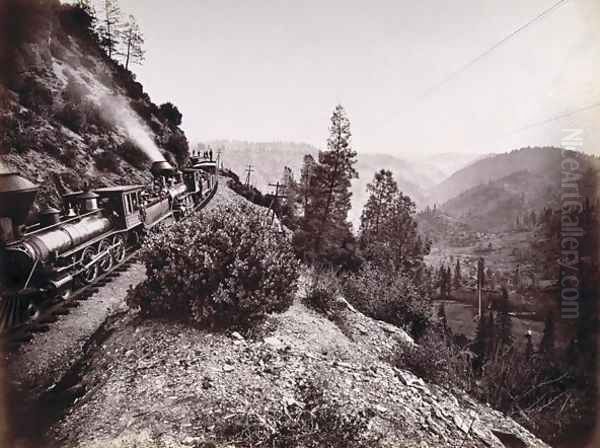 Central Pacific Railroad Train and Coaches in Yosemite Valley, 1861-69 Oil Painting by Carleton Emmons Watkins