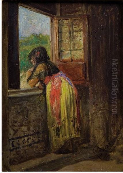 Mujer Apoyada En La Ventana Oil Painting by Jose Jimenez y Aranda