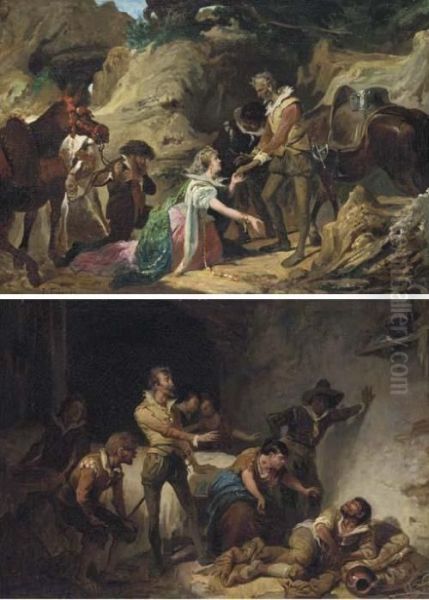 Dorotea Pretends To Be The 
Princess Micomicona; And Sancho Panzadrinks The True Balsam Of Fierbras:
 Two Scenes From Donquixote Oil Painting by Jose Jimenez y Aranda