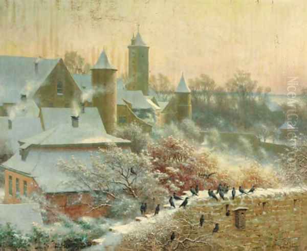 A Continental village in winter Oil Painting by Arthur Wasse