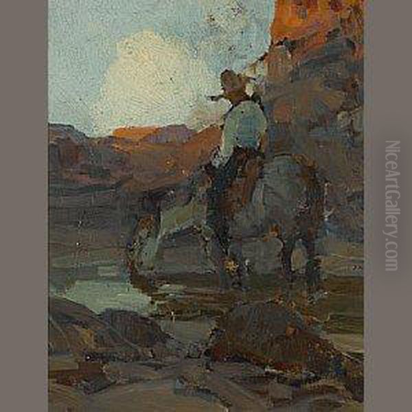 Mounted Horse At A Watering Hole Oil Painting by Frank Tenney Johnson