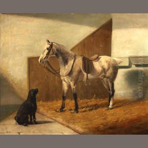 A Hunter And Dog In A Stable Oil Painting by Adrian Jones