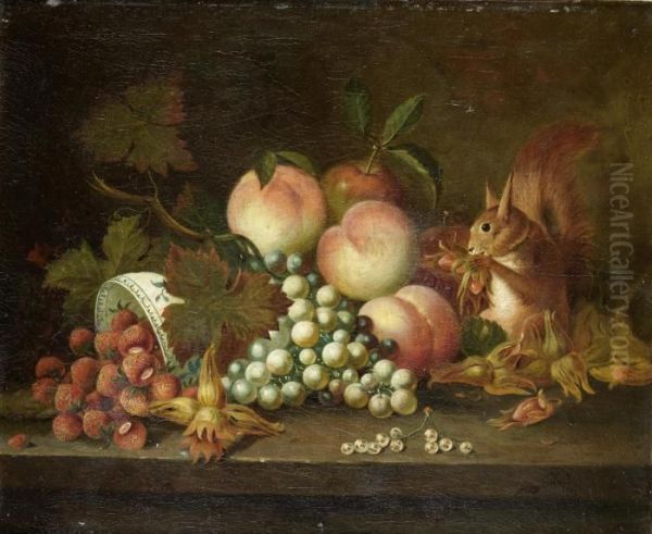 A Squirrel Eating Cobnuts With Strawberries, Grapes And Peaches Oil Painting by William Jones Of Bath