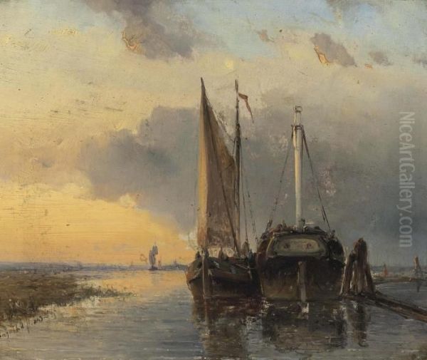 Harbour On A Dutch River Oil Painting by Johan Barthold Jongkind