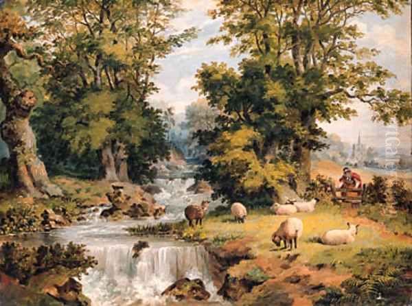 A Landscape With Sheep Grazing By A Stream And A Woman Crossing A Stile Oil Painting by Dean Wolstenholme, Jr