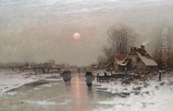 Dutch Peasants On A Frozen Waterway At Sundown Oil Painting by Johann Jungblutt