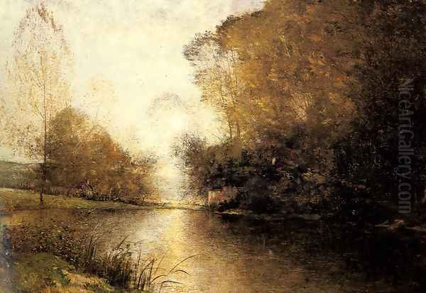 A Moonlit River Landscape with a Figure Oil Painting by Alfred Wahlberg