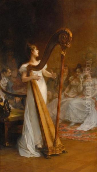 Young Woman Playing Harp Oil Painting by Frederick Hendrik Kaemmerer