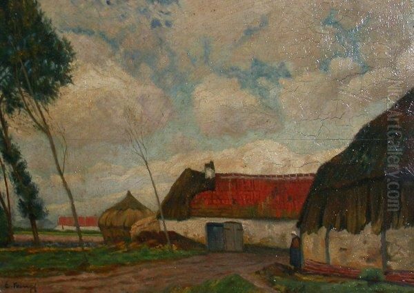 Niederrheinlandschaft Mit Bauerin Auf Ihrem Gehoft Oil Painting by Eugen Kampf