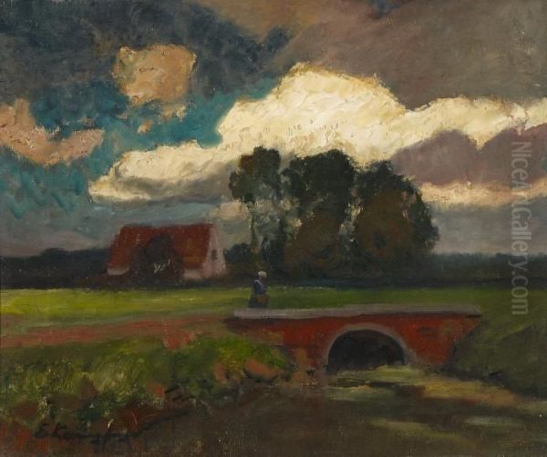 Rural Homestead With A Woman On A Bridge Oil Painting by Eugen Kampf