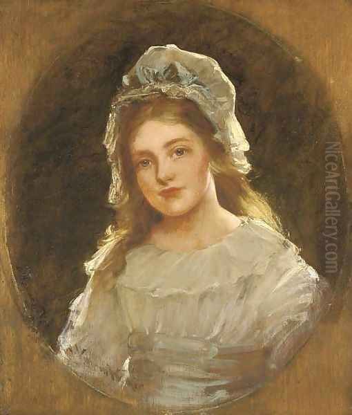 Portrait of a girl, possibly the artist's daughter Dorothy, half-length, wearing a white dress and bonnet, and a blue sash Oil Painting by John Hanson Walker