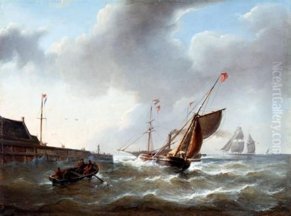 Zeilschepen En Stoomschip Bij Havenmonding Oil Painting by Christiaan Cornelis Kannemans