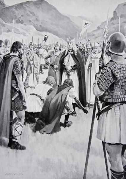 The Council of Dacor, 926, when Athelstan drove out Guthfrith the young King of Danish Northumbria, illustration from the book The History of the Nation Oil Painting by Archibald Webb