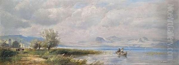 Wolkenverhangene Seelandschaft Mit Fischern Im Boot Vor Gebirgskulisse Oil Painting by Albert Kappis