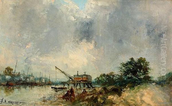 Sommerliche Flussuferpartie Mit Kran Und Schiffen. Oil Painting by Jean-Etienne Karnec