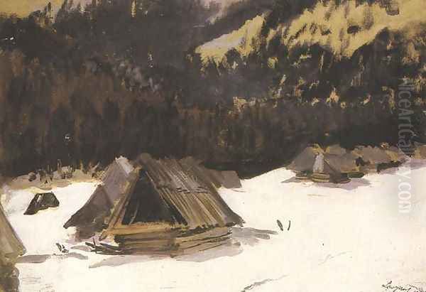 Huts in Snow Oil Painting by Leon Wyczolkowski