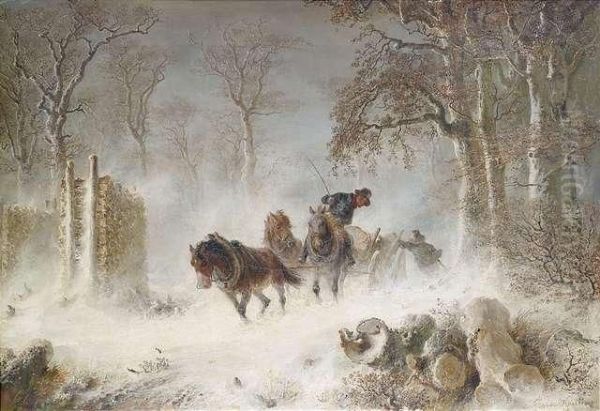 Holzfuhrwerk Bei Heftigem Schneetreiben Oil Painting by Hermann Kauffmann