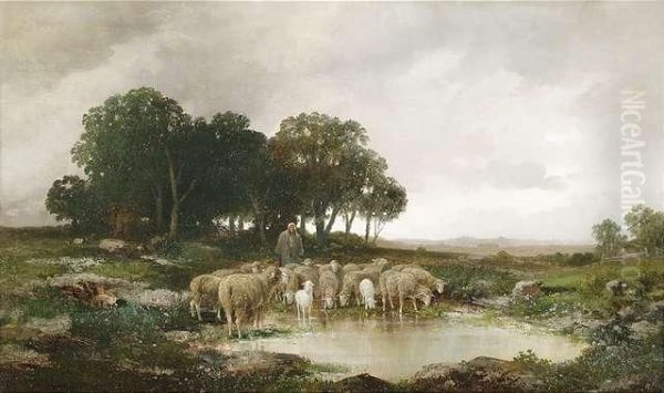 Schafherde An Einer Wasserstelle Vor Weitem Landschaftshintergrund Oil Painting by Adolf Kaufmann