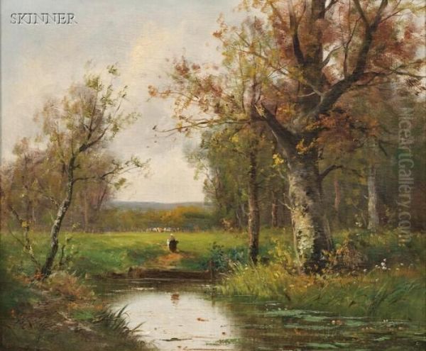 Meadow With Birches And Figures By A Pond Oil Painting by Adolf Kaufmann