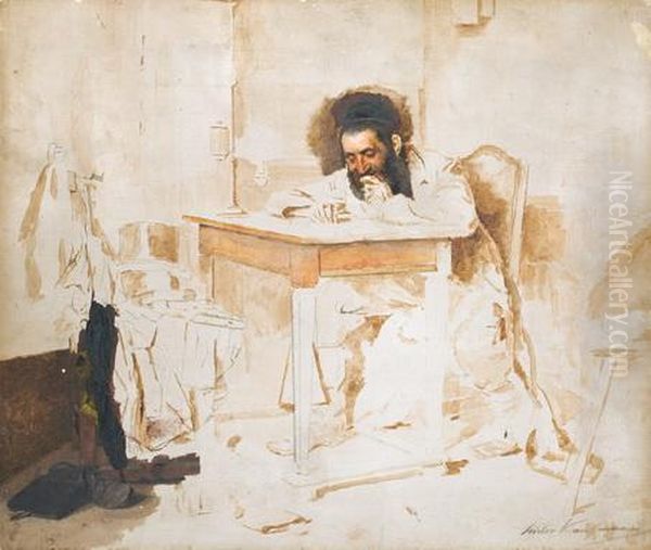 Rabbi Reading A Book Oil Painting by Isidor Kaufmann