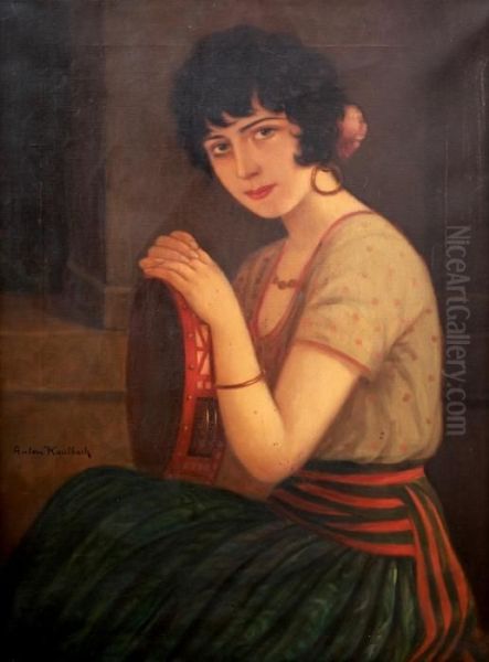 Sabina, Spanish Woman With A Tambourine Oil Painting by Anton Kaulbach