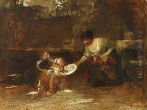 Eating Cherries. Mother With Her Children In The Kitchen Oil Painting by Hermann Kaulbach