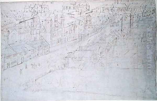 Borough High Street with St. Mary Overy, from The Panorama of London, c.1544 Oil Painting by Anthonis van den Wyngaerde