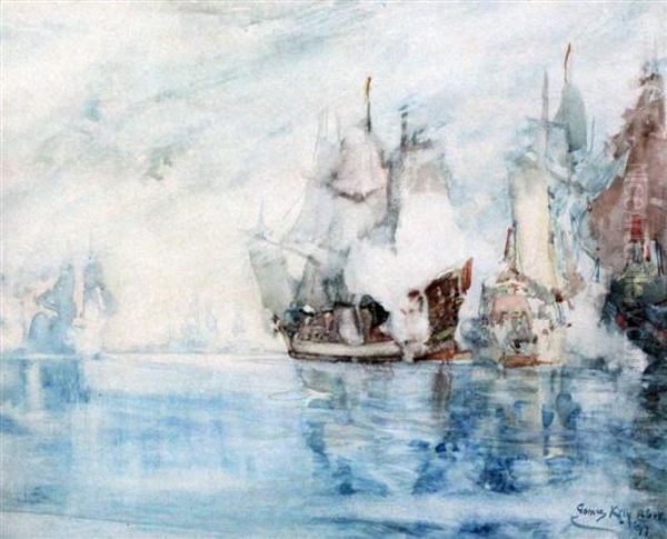 Galleons In Battle Oil Painting by James Kay